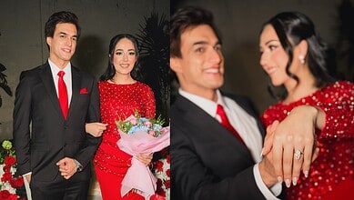 TV actor Mohsin Khan and his bride during engagement celebration, smiling and holding hands.