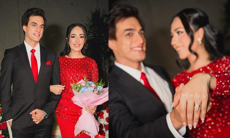 TV actor Mohsin Khan and his bride during engagement celebration, smiling and holding hands.