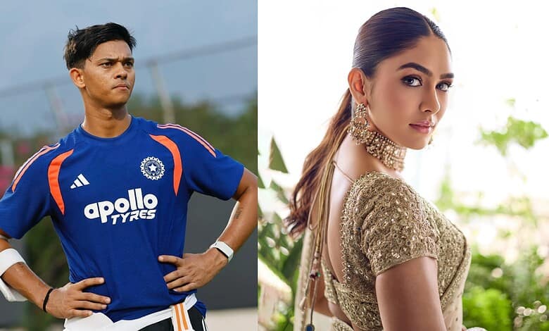Cricketer in blue jersey with hands on hips, woman in gold dress with earrings, outdoor setting.