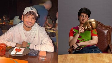 Prish and Munawar pose for a photo, with Prish smiling and Munawar holding a golden mask.