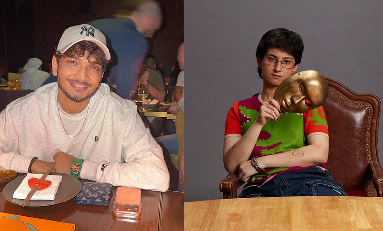 Prish and Munawar pose for a photo, with Prish smiling and Munawar holding a golden mask.