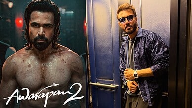Mustafa Zahid and another man in an elevator, promotional image for Awarapan 2.