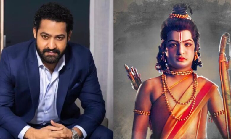 Jr NTR dressed as Lord Rama with bow and arrow, traditional costume and jewelry.