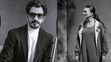 Black and white photo of a stylish man with sunglasses and a woman in a coat, both looking away from the.