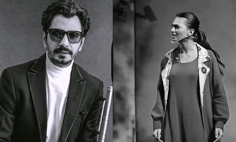 Black and white photo of a stylish man with sunglasses and a woman in a coat, both looking away from the.