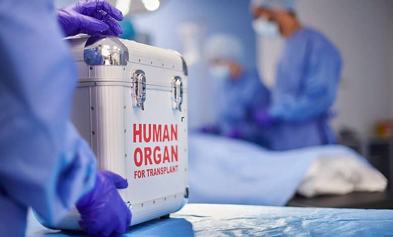 Medical team handling human organs for transplant in a hospital setting.