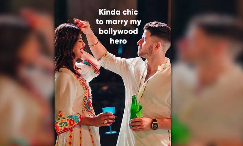 A man and woman at a celebration, with the man touching the woman's face, captioned 'Kinda chic to marry.