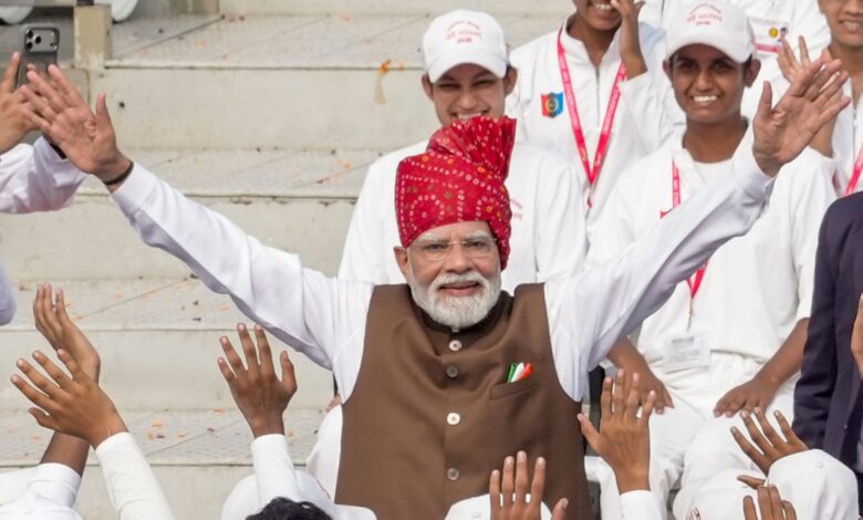 Indian Prime Minister Narendra Modi celebrating Independence Day with students and supporters.