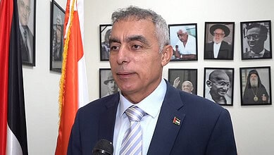 Palestinian envoy Abdullah M Abu Shawesh speaks during an interview with PTI, in New Delhi, Wednesday, Aug. 19, 2026