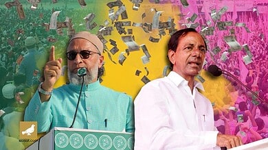 Indian political leaders speaking at a rally with confetti and a crowd in the background.