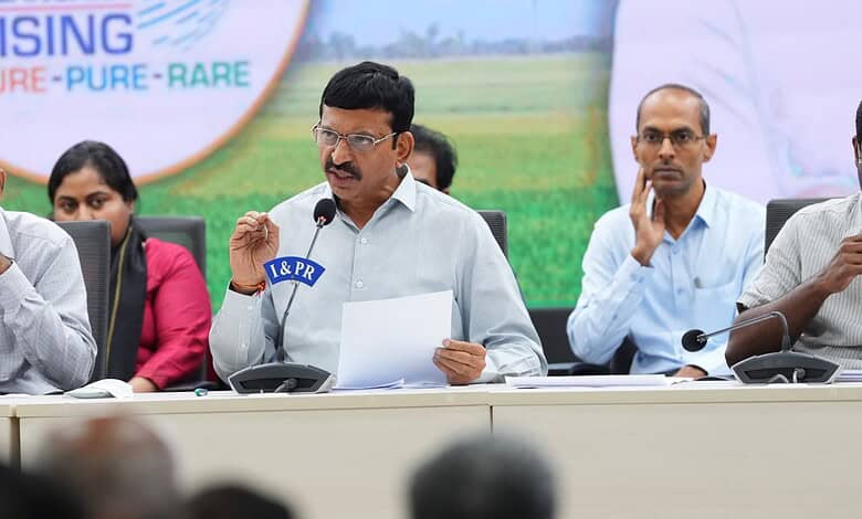 Telangana minister speaking at a press conference about registration clearance progress.
