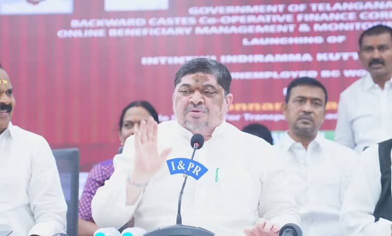 Telangana government official speaking at a press conference about knitting machines distribution.