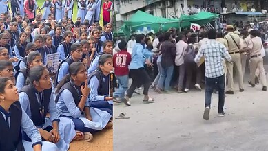 Students protesting peacefully and police clashing during a demonstration in Telangana.