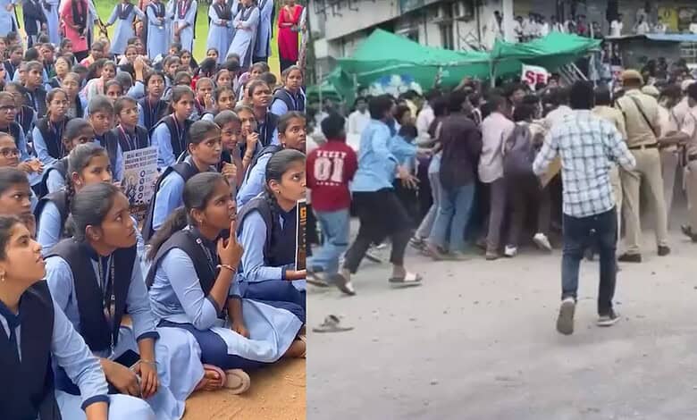 Students protesting peacefully and police clashing during a demonstration in Telangana.