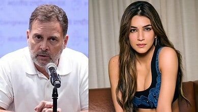Kriti Sanon and Rahul Gandhi in a split-screen image for news coverage.