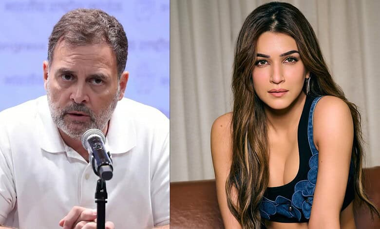 Kriti Sanon and Rahul Gandhi in a split-screen image for news coverage.
