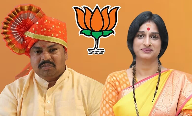 Raja Singh and a woman in traditional Indian attire with BJP symbol in background.