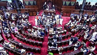 Rajya Sabha chamber filled with members during a session amid Ram Temple donation row.
