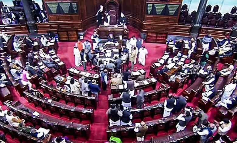 Rajya Sabha chamber filled with members during a session amid Ram Temple donation row.