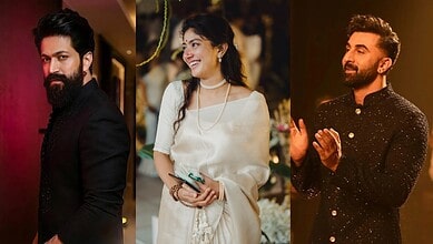 Three Indian actors at a festive event, dressed in traditional and modern attire.