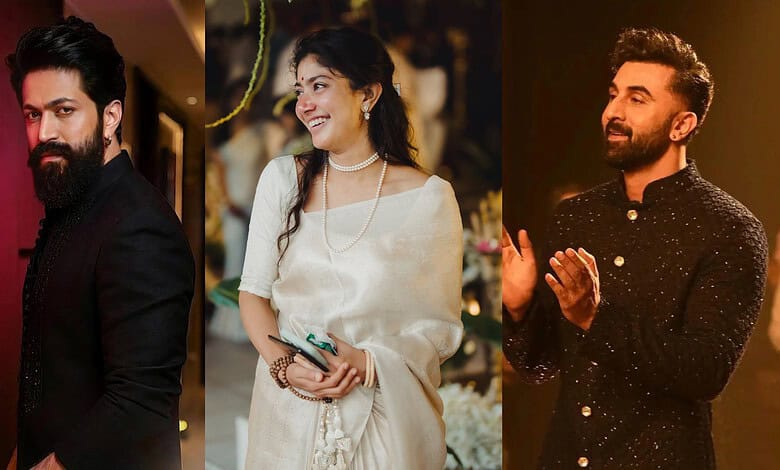 Three Indian actors at a festive event, dressed in traditional and modern attire.