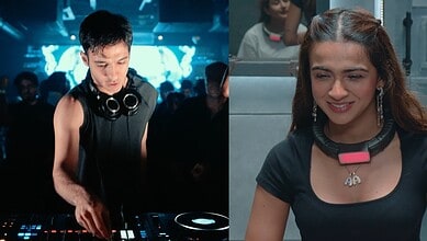 Rebel Kid DJ performing at a nightclub with a woman smiling nearby.