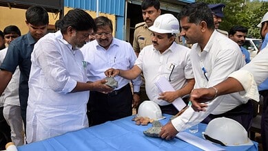 Officials and engineers discussing mineral exploration and joint ventures in Telangana.