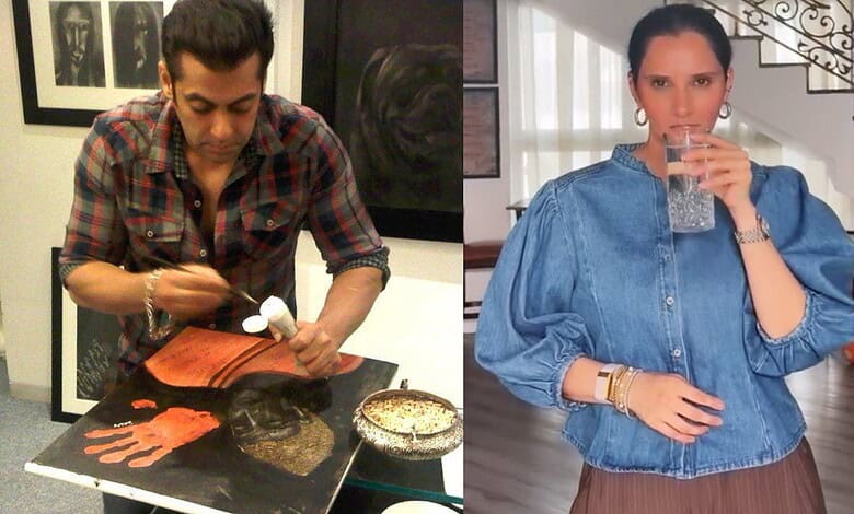 Sania Mirza enjoying her art collection at her Dubai home with a glass of water.