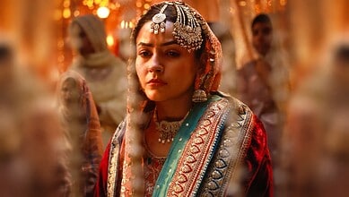 Shehnaaz Gill swallows nose ring during a scene in Ishqnama shoot, dressed in traditional attire.