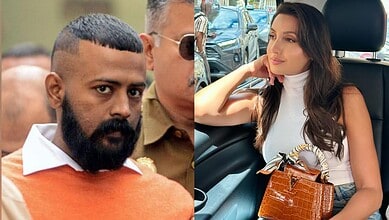 Sukesh and Nora Fatehi in a split image, Sukesh with a serious expression, Nora relaxing in a car.
