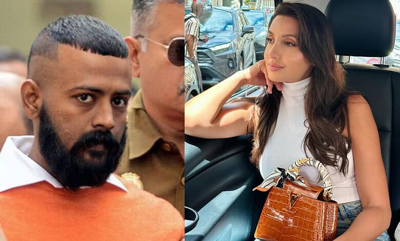 Sukesh and Nora Fatehi in a split image, Sukesh with a serious expression, Nora relaxing in a car.