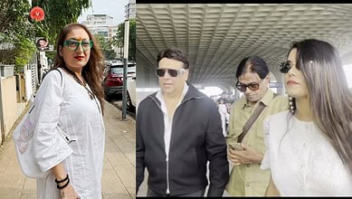 Sunita and friends at the airport, dressed stylishly, with sunglasses and casual attire.