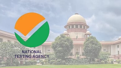 Supreme Court of India building with National Testing Agency logo in foreground.