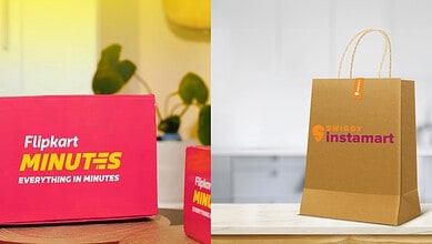Flipkart Minutes and Swiggy Instamart dark-store shopping bags on a table.