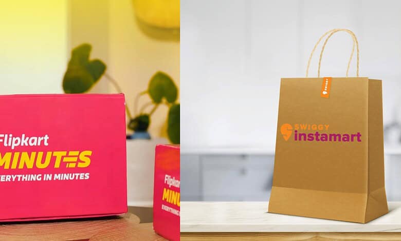 Flipkart Minutes and Swiggy Instamart dark-store shopping bags on a table.