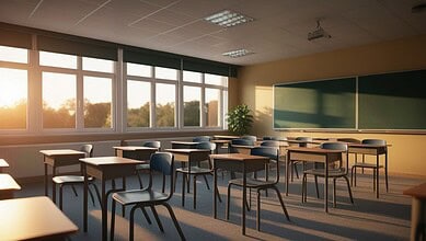 Empty classroom with desks, chairs, blackboard, and sunlight through windows.