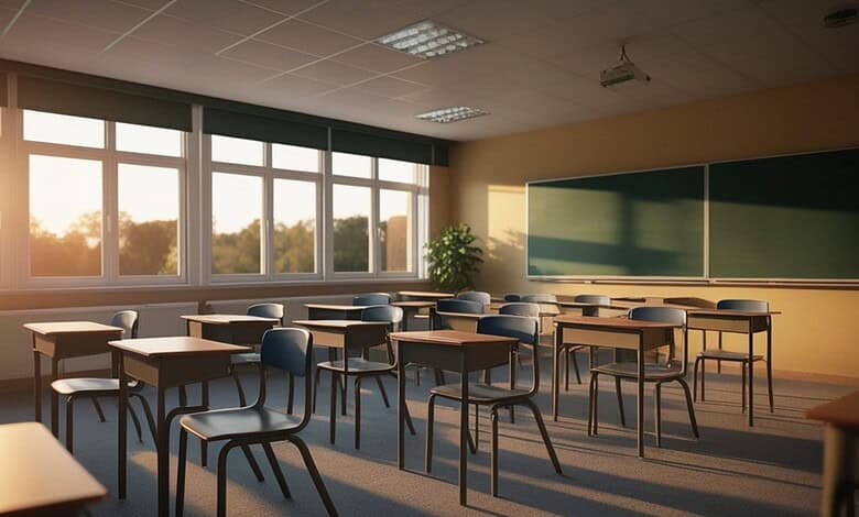 Empty classroom with desks, chairs, blackboard, and sunlight through windows.