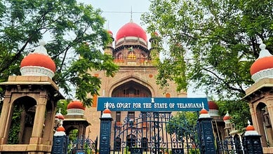 High Court for the State of Telangana building with trees and gate in front.