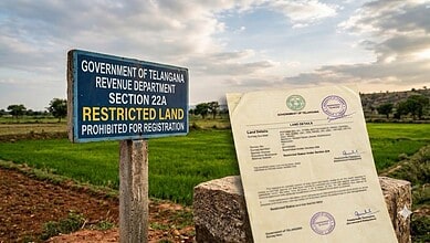 Signboard indicating restricted land under Telangana's Section 22A with land document nearby.