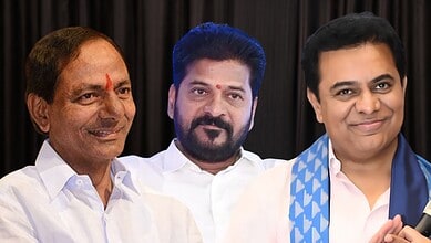 Three Indian men in white shirts at a formal event, smiling and posing for the camera.
