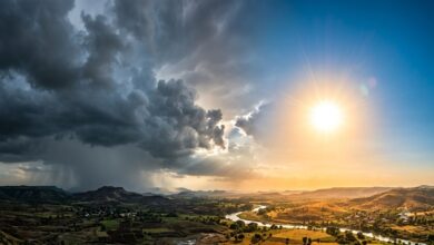 Dramatic sky with dark storm clouds and bright sun over a river valley in Telangana.