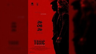 Dark movie poster for Toxic featuring two male characters in silhouette with red background.