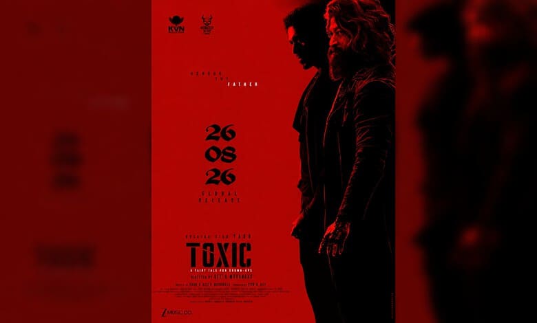 Dark movie poster for Toxic featuring two male characters in silhouette with red background.