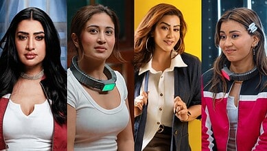 Four women contestants in Lock Upp 2 show, each with distinct outfits and expressions.