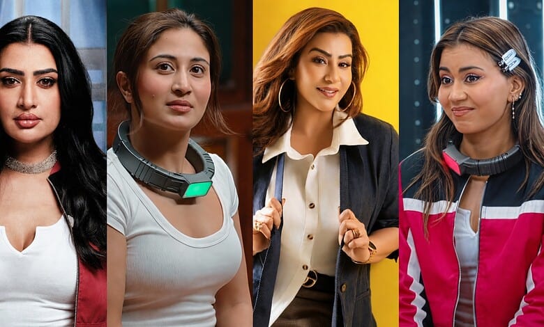 Four women contestants in Lock Upp 2 show, each with distinct outfits and expressions.
