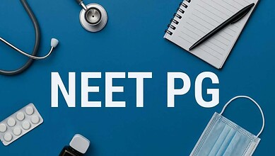 Medical tools and a face mask with 'NEET PG' text on a blue background.