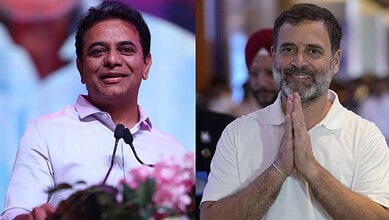 KTR and Rahul Gandhi at a public event, smiling and engaging with the audience.