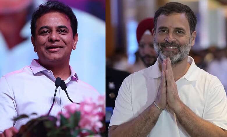 KTR and Rahul Gandhi at a public event, smiling and engaging with the audience.