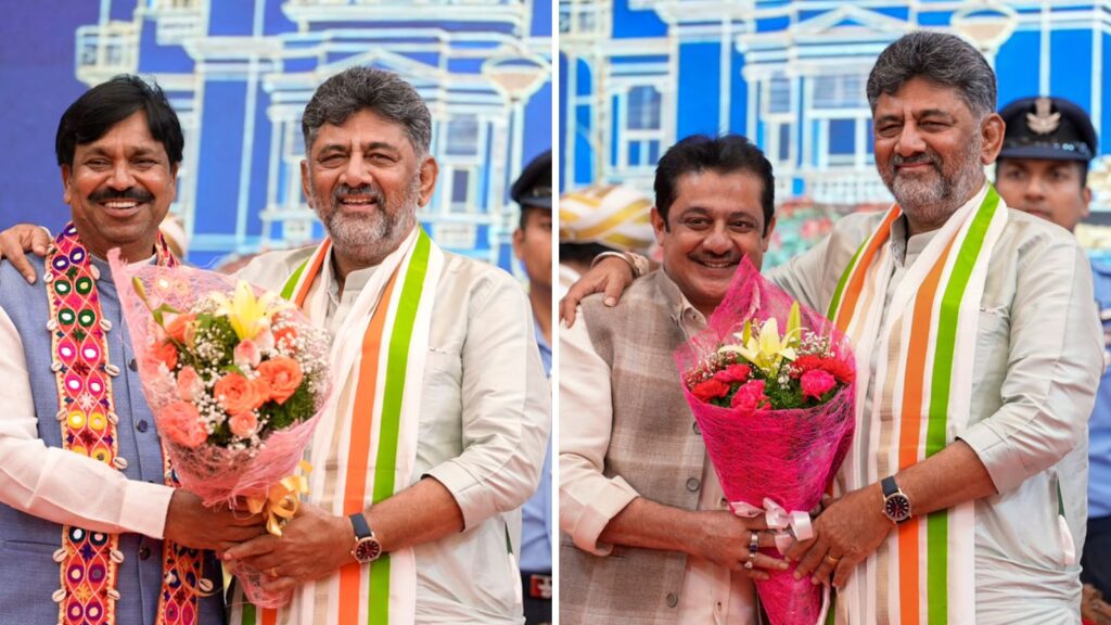 Karnataka ministers inducted into CM Shivakumar's cabinet with bouquets in a formal event.