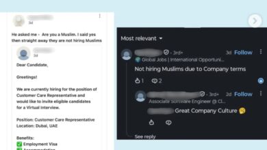 Job advertisement stating 'Not hiring Muslims due to Company terms' in Dubai.